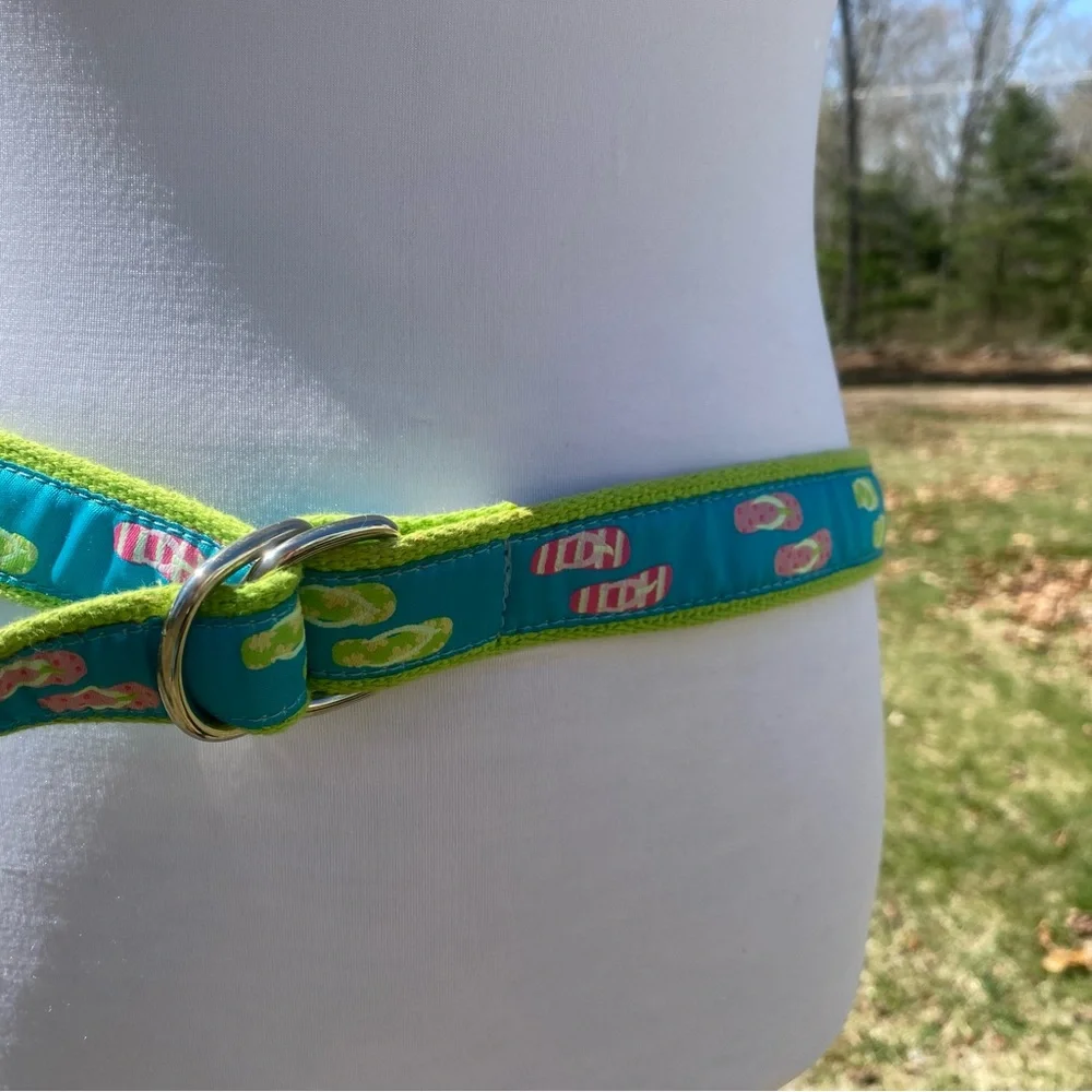 DOUGLAS PAQUETTE BELT GREEN CANVAS WEBBING BLUE FLIP FLOP RIBBON SIZE L USA